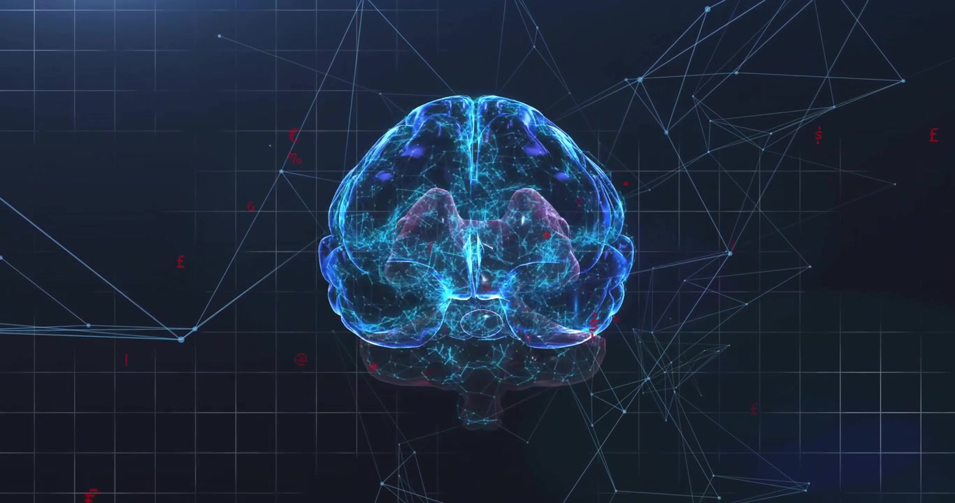 Upon emerging glowing 3D brain rotating via side and front view pulsing networks to visualize data