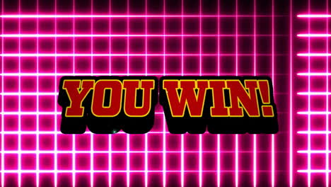 animation of you win text and explosion over moving pink neon grid