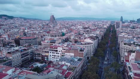barcelona with a cloudy sky, showcasing city streets and distant landmarks, aerial view