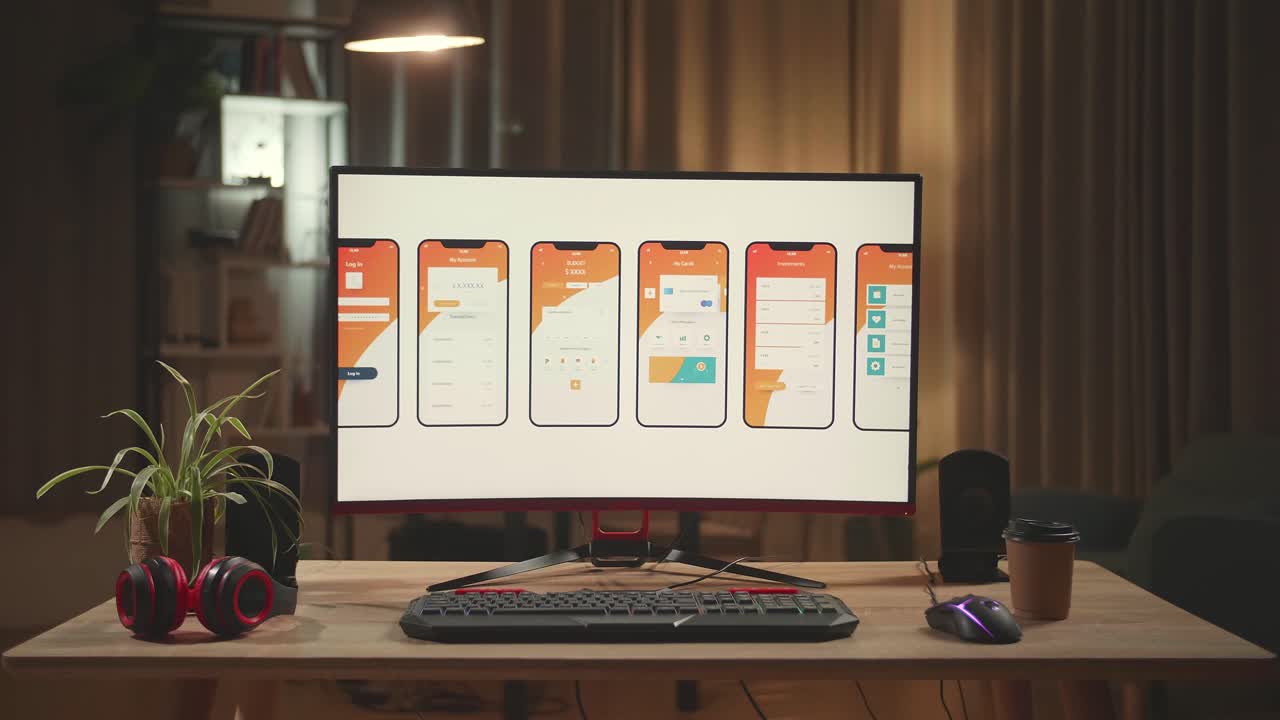 Desk With Mobile Application Design On Personal Computer With Big Display At Night