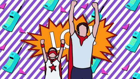 animation of illustration lol text and father and son in superhero costumes over retro phones