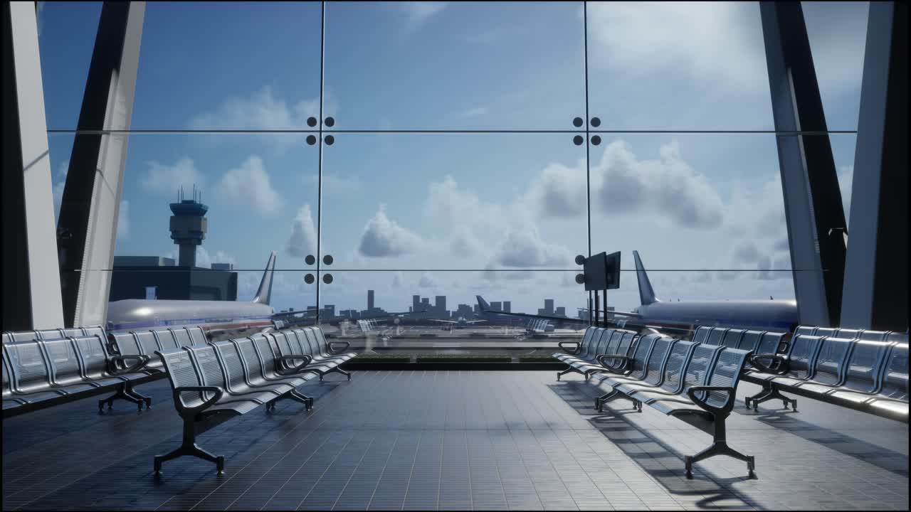 활주로와 비행기를 볼 수 있는 빈 공항 터미널