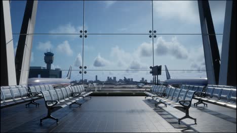 empty airport terminal with view of runway and planes