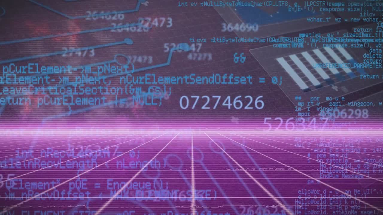 Animation of digital space with integrated circuit, numbers and data processing