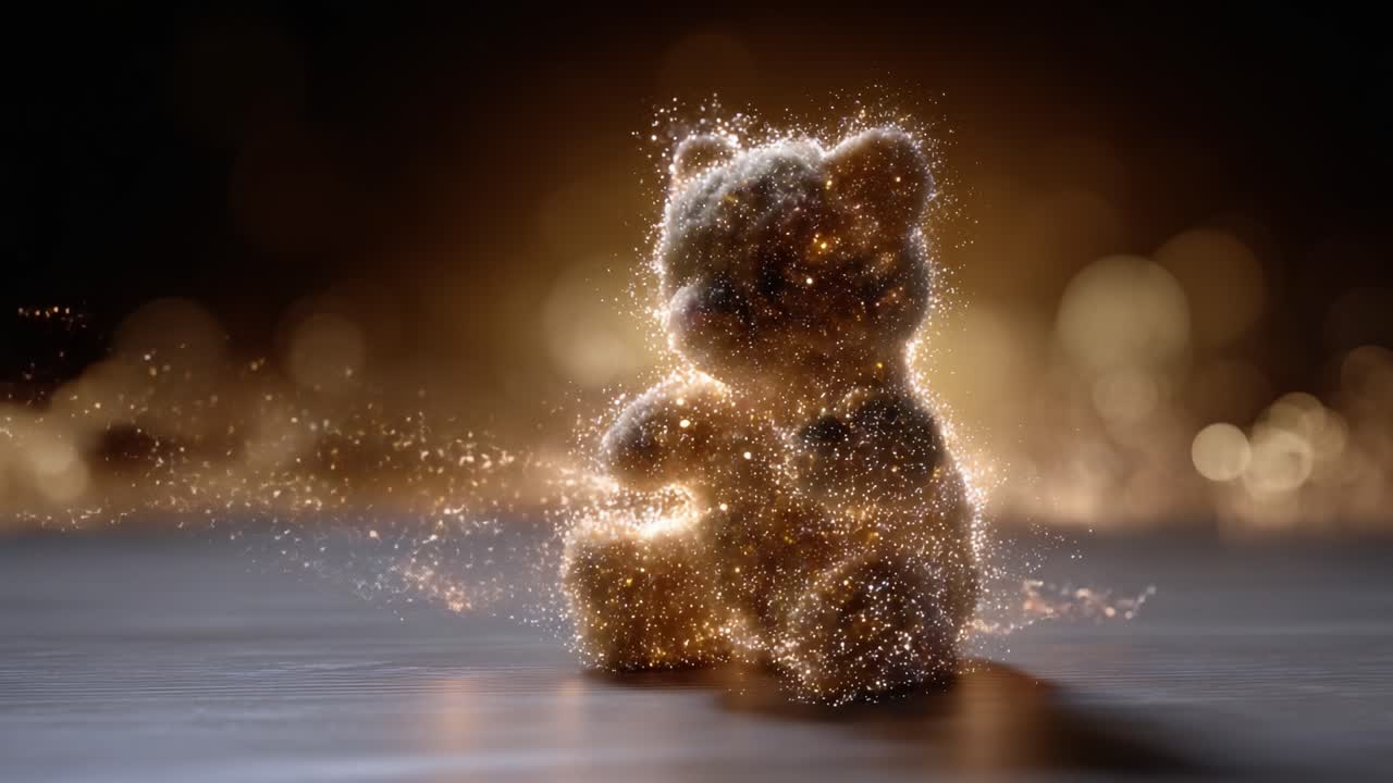 Un orsetto di peluche magico e scintillante in un bagliore incantevole, che cattura l'essenza dell'immaginazione e della fantasia, perfetto per sognanti ricordi d'infanzia