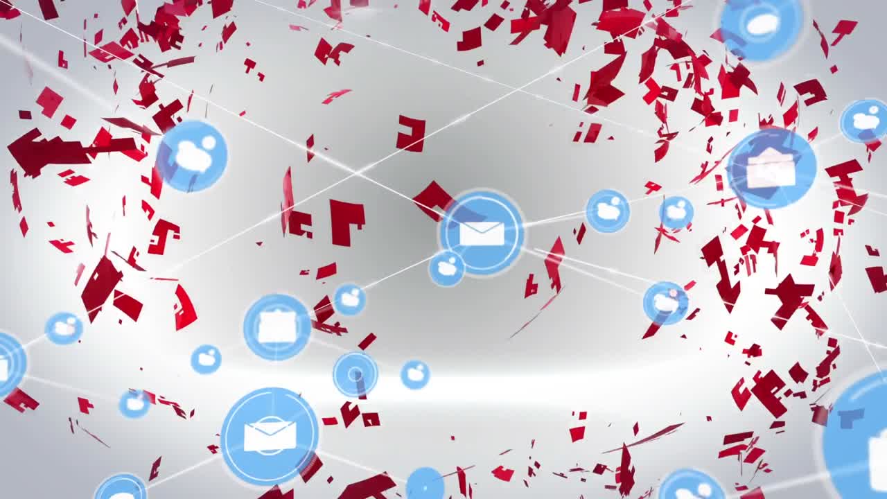 연결된 음성 버블과 메시지 아이콘과 하 바탕에 회전하는 심장의 애니메이션