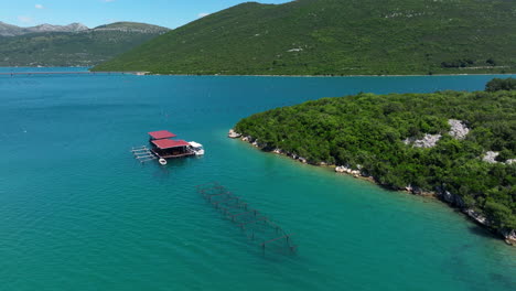 oyster farm at mali ston bay in croatia. - aerial shot