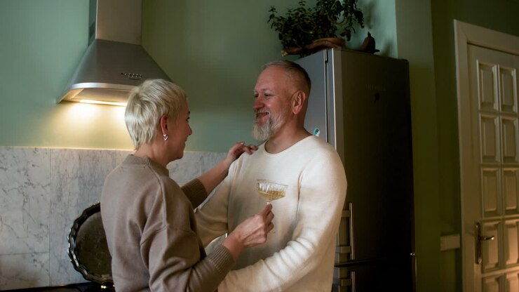 pareja bebiendo y bailando en casa