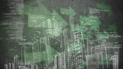 dibujo de una ciudad contra grandes flechas verdes y códigos binarios en el fondo