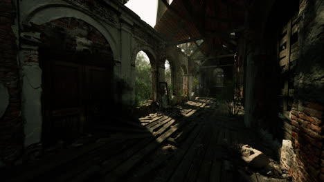 abandoned building interior with sunlight illuminating dusty shadows