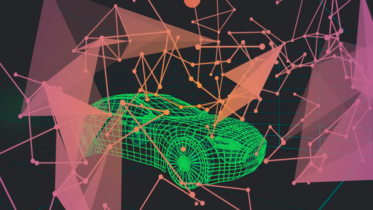 Orange-pink clusters emerging and drifting past green wireframe car mesh swelling forming network