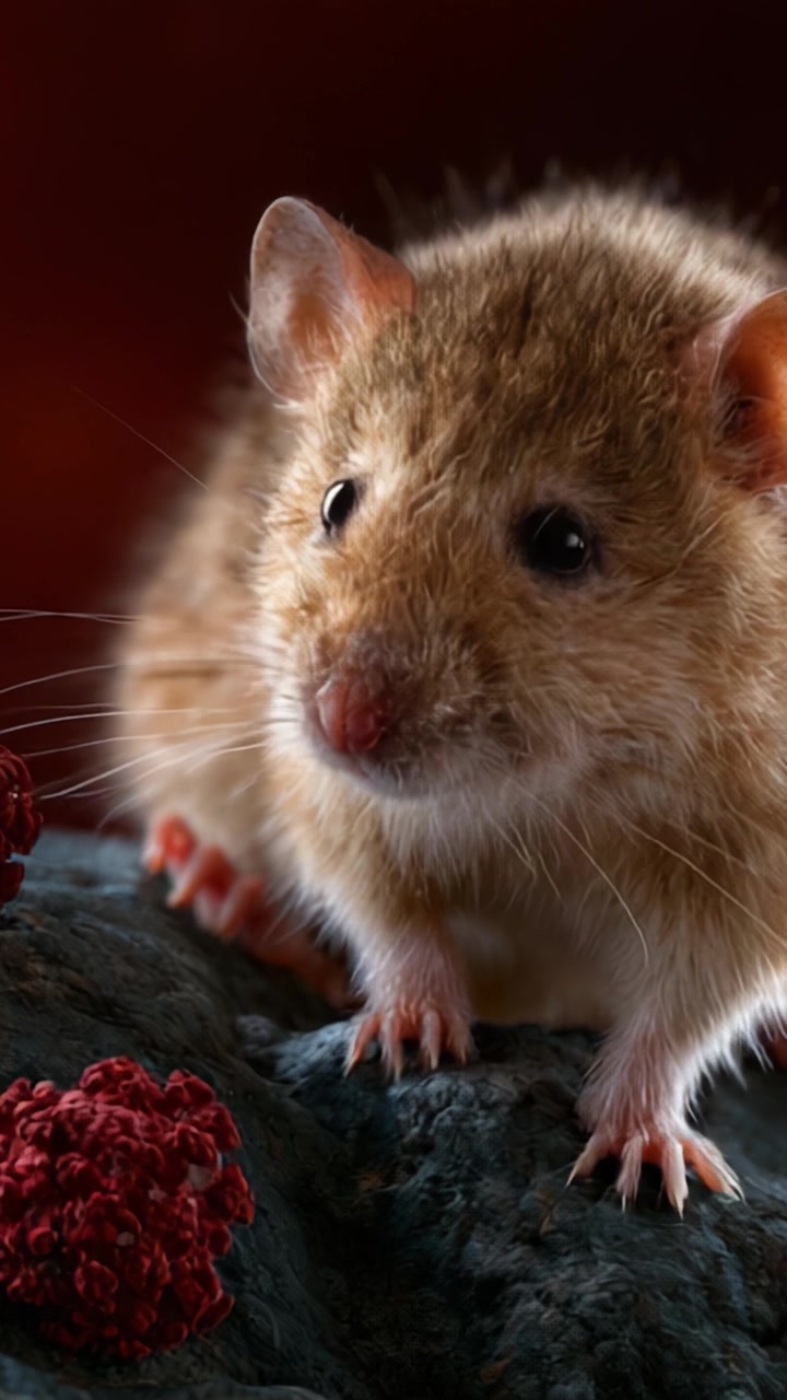 Primi piani di un topo con misteriose strutture rosse che evidenziano le complessità della natura e della scienza su uno sfondo suggestivo.