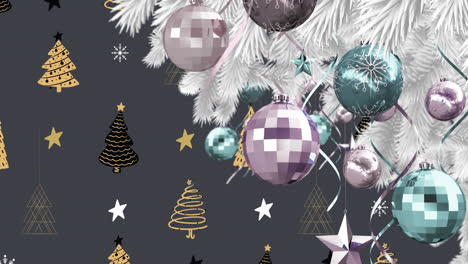 bauble decoration hanging on christmas tree branch against christmas tree icons on grey background