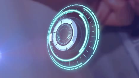 animation of moving spotlight and circular safe lock rotating over hand on blurred background