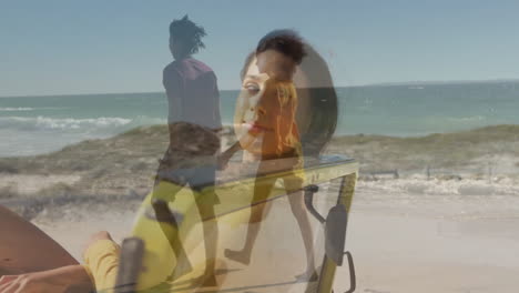 relaxing in chair, woman watching animation of person walking by ocean scene
