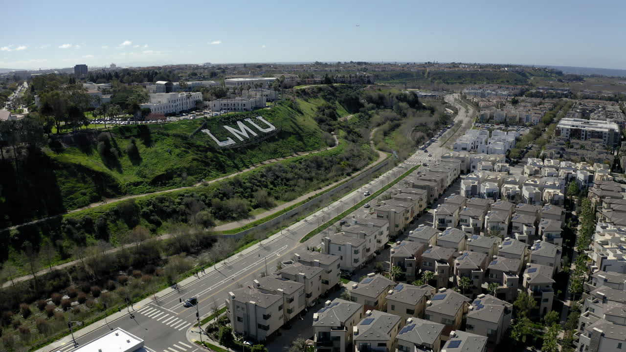Aerial view of Loyola Marymount University (LMU) campus and surrounding residential area