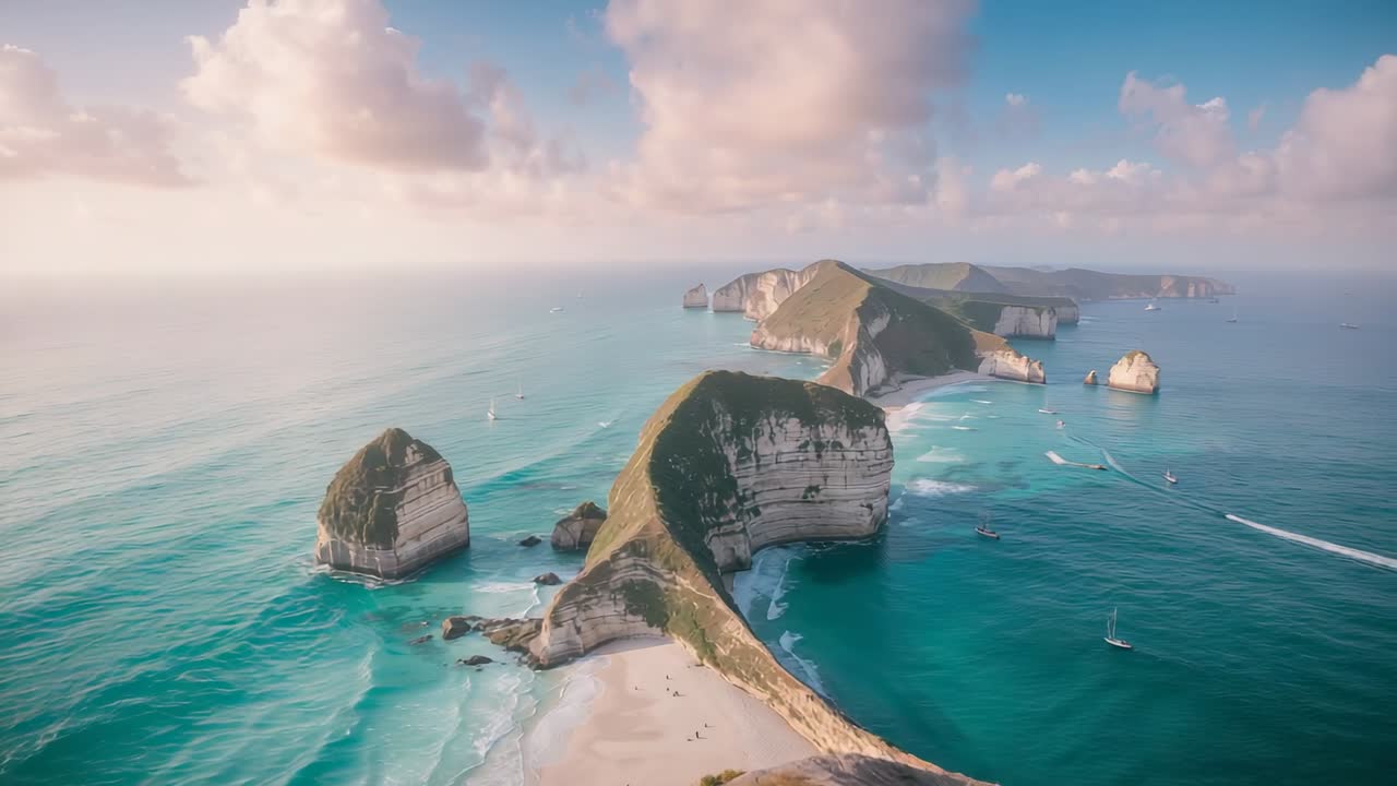 Drone planant capturant un promontoire herbeux avançant vers une plage de sable, révélant des sillages de bateaux