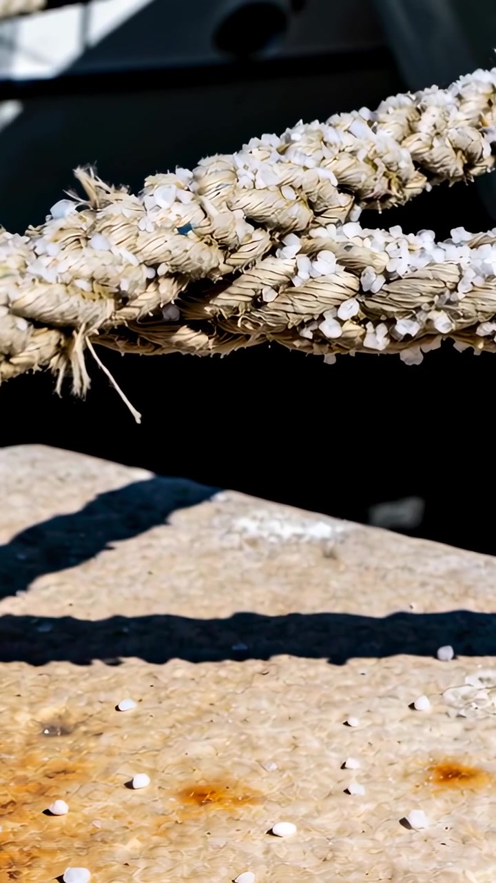 Vertical video: Panning camera revealing mooring rope at dock with salt rust shadow to show texture