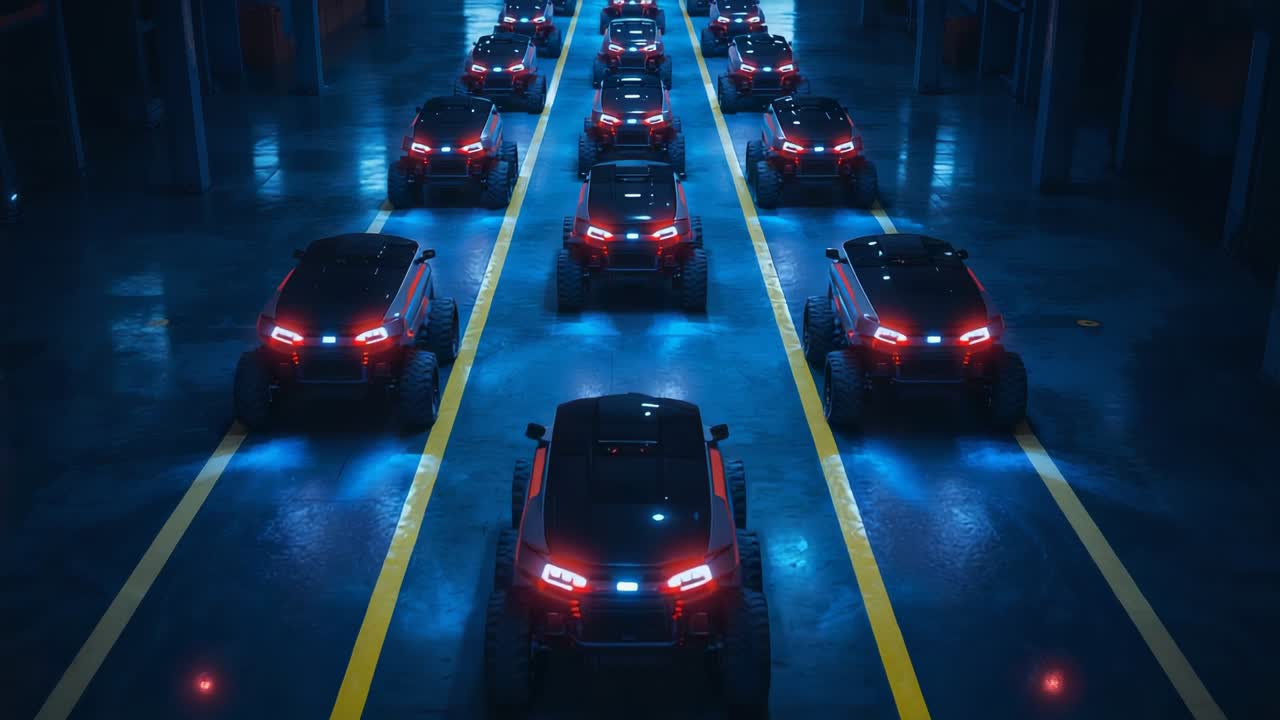 Flickering brake lamps and blue beacons cueing rolling armored offroad vehicles exiting hangar