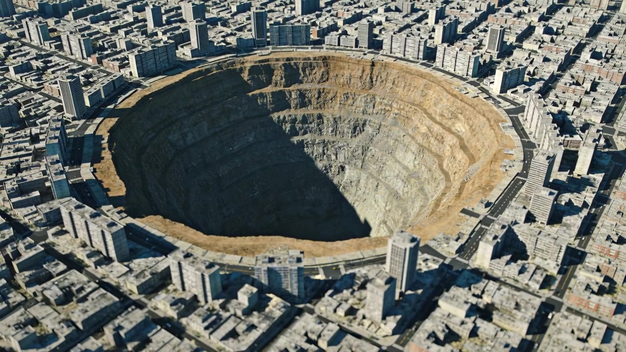 Drone che inizia una rotazione in senso orario rivelando un cratere circolare a cielo aperto in città, documentando la tangenziale.