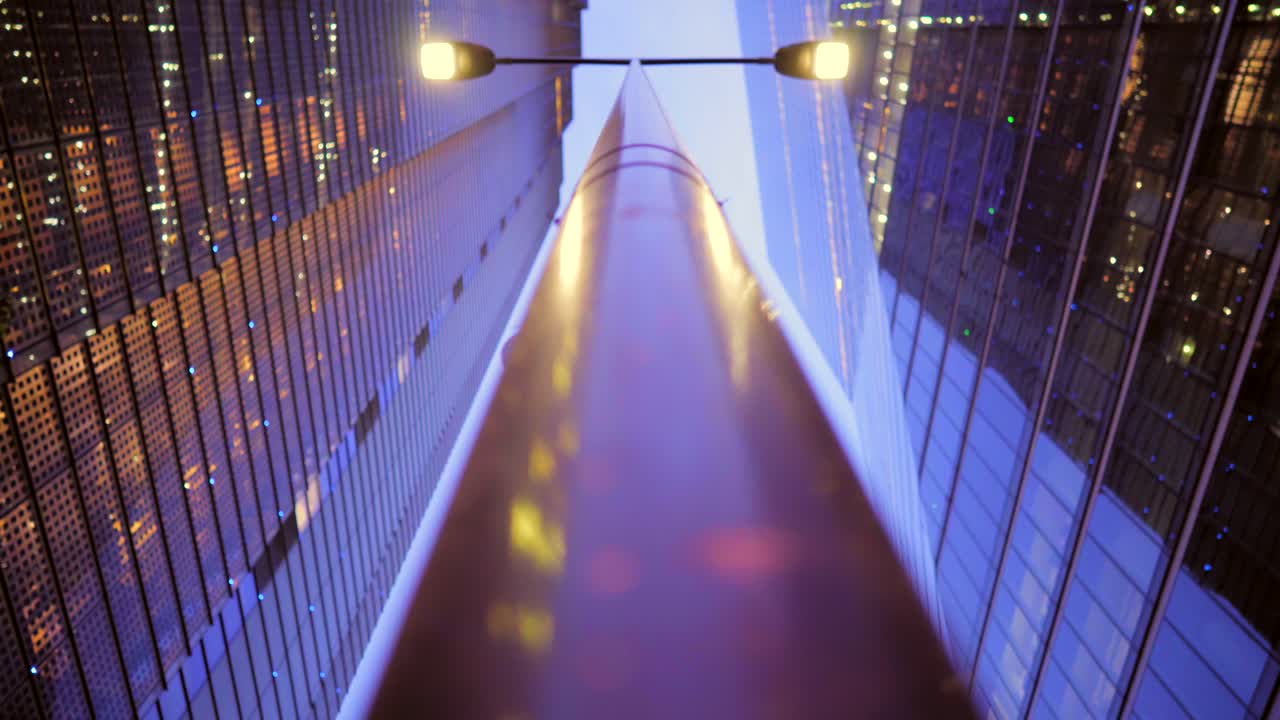 Looking up at skyscrapers downtown at night time, clear sky and building lights with reflections, futuristic look