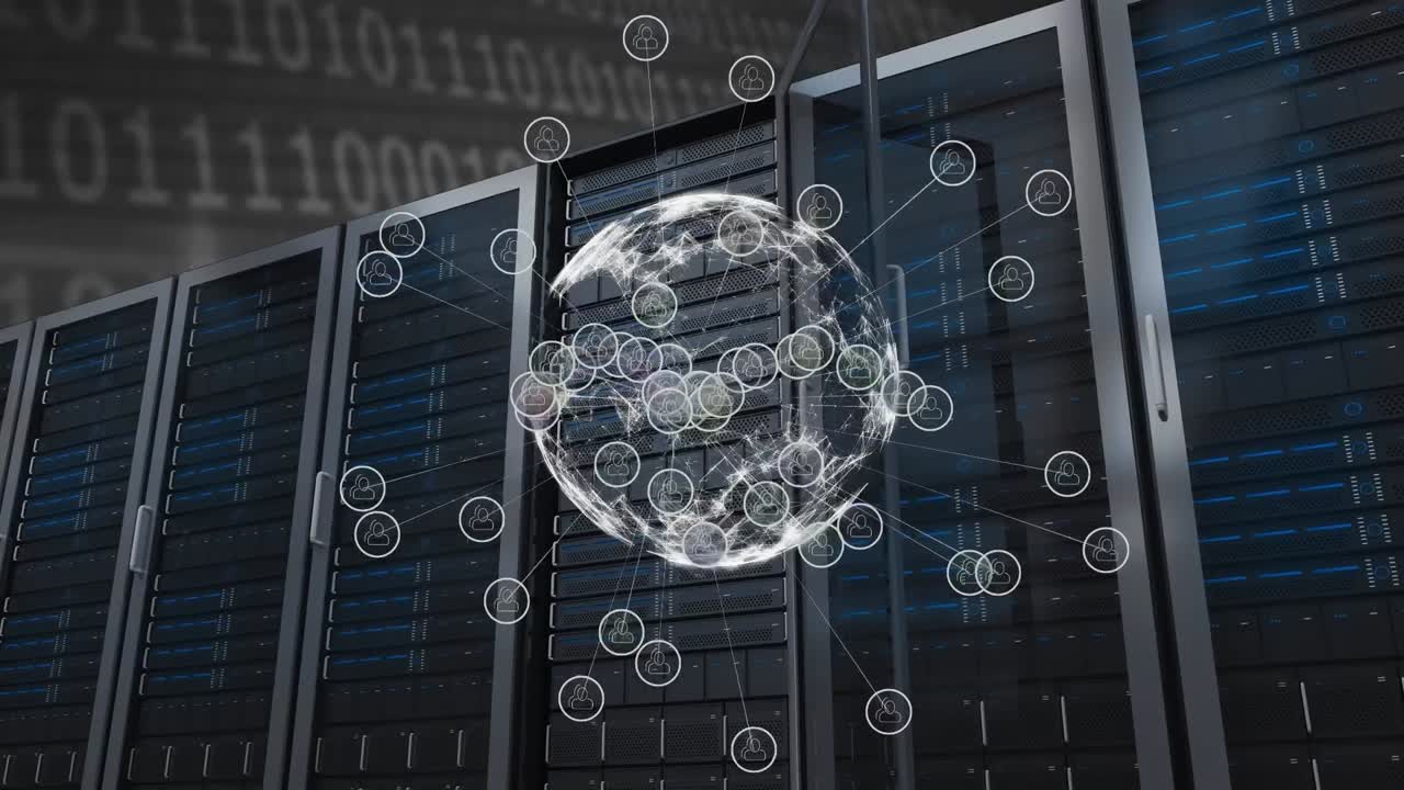 Animation of network of connections with digital icons, globe and computer servers