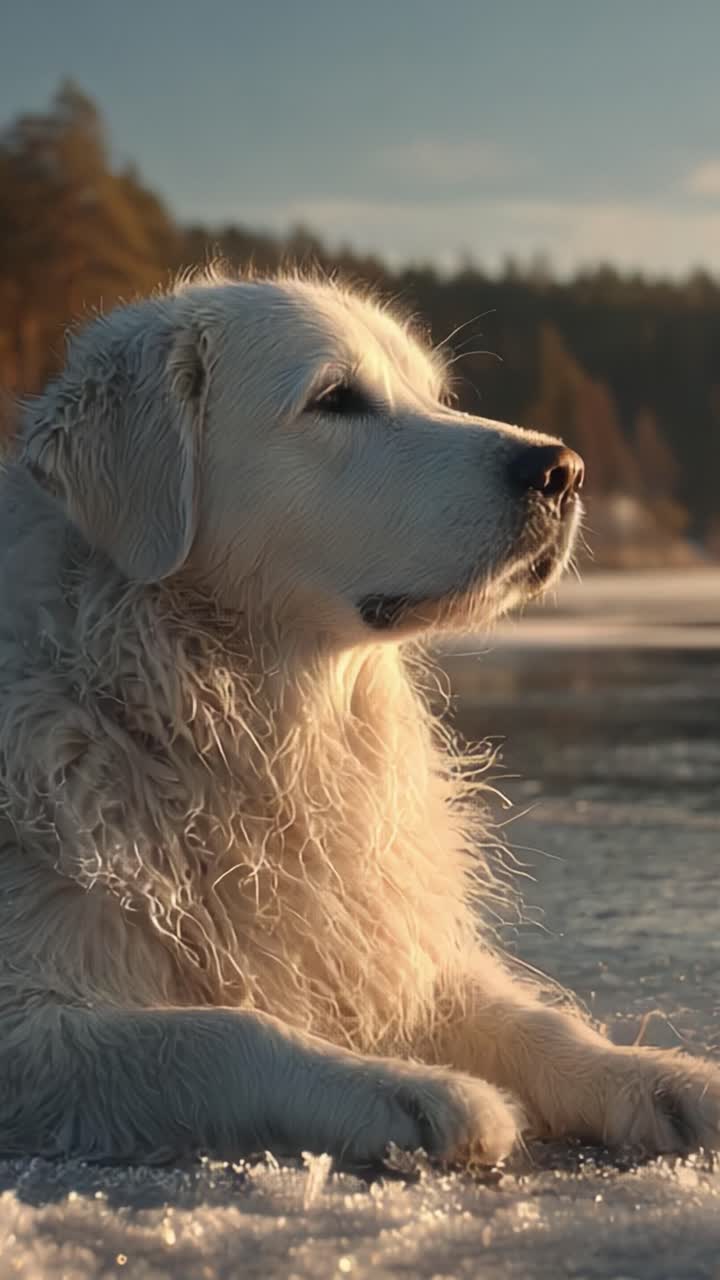 Golden Retriever Gazes at Winter Landscape: A Majestic Canine Portrait Captured in Soft Evening Light, Emphasizing Tranquility Amidst Nature's Beauty