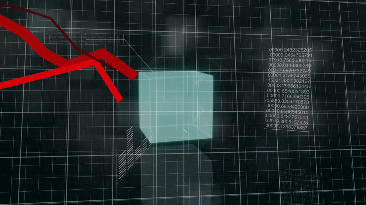 animación del procesamiento de datos financieros sobre un cubo sobre un fondo negro