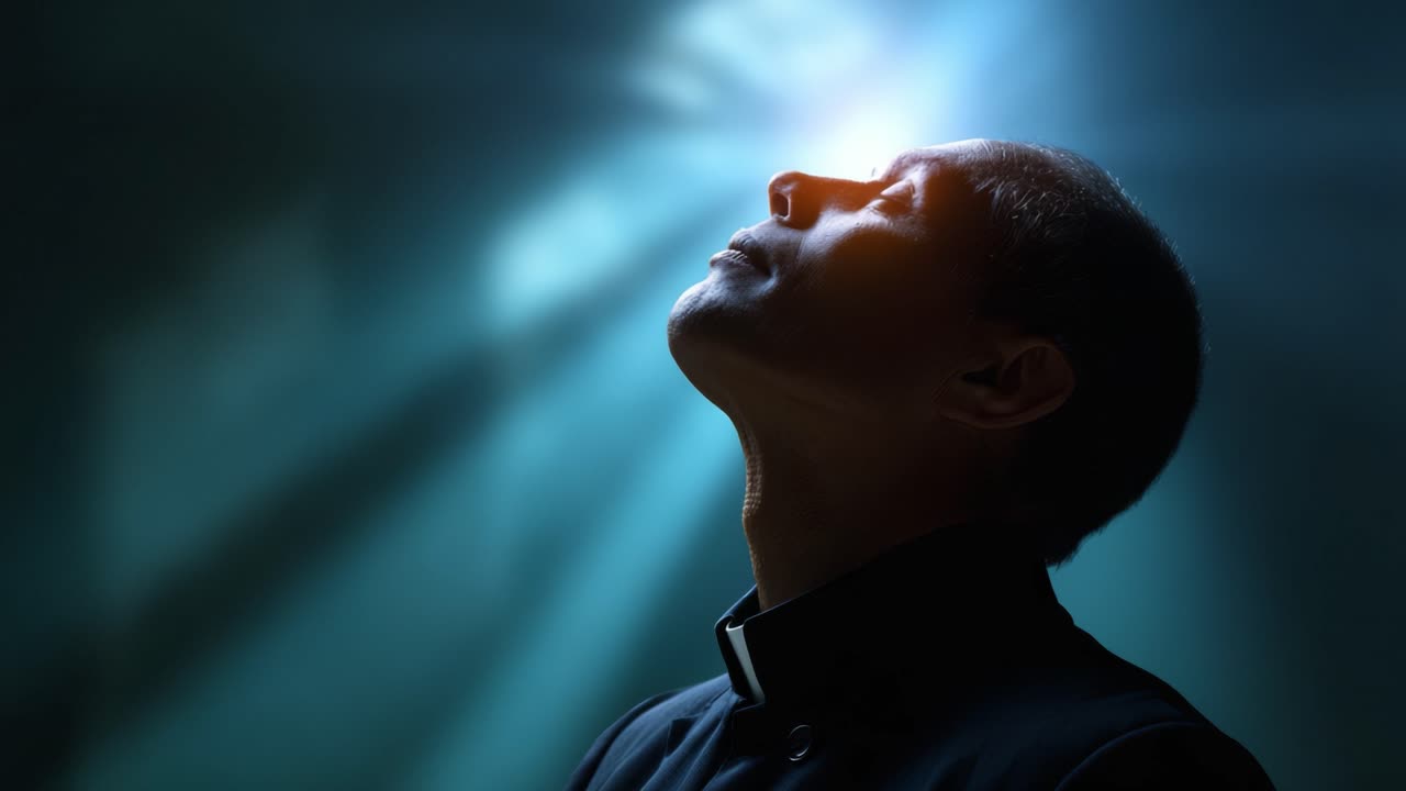 A contemplative figure gazes upwards, illuminated by radiant beams of light, embodying introspection and spiritual reflection in a serene atmosphere