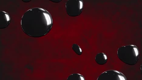 animación digital de múltiples gotas de agua negras contra un fondo rojo texturizado