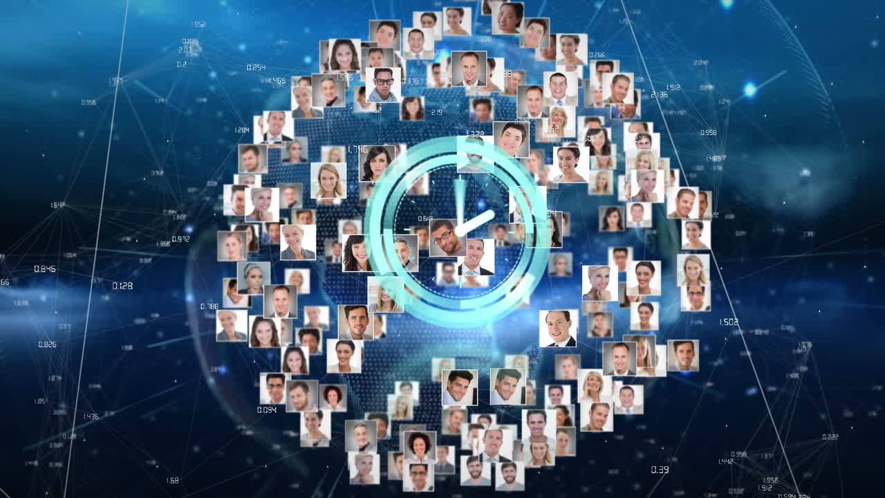 Animation of clock moving over rotating globe made of user photos