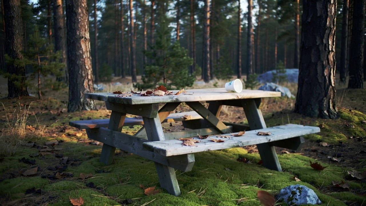 Shifting leaves from mild breeze tipping disposable paper cup on wooden picnic table, mossy forest