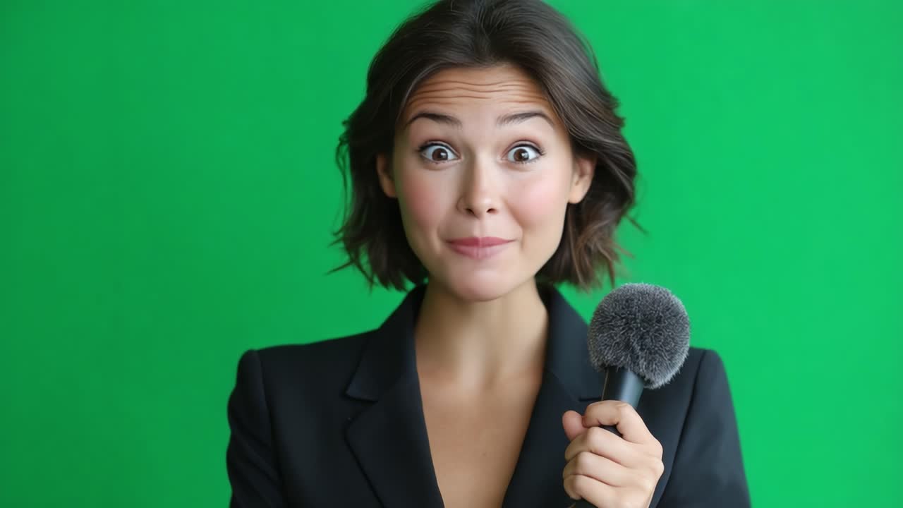 Exciting Moments Captured: A Woman Expressing Surprise and Joy While Holding a Makeup Brush on a Vibrant Green Background
