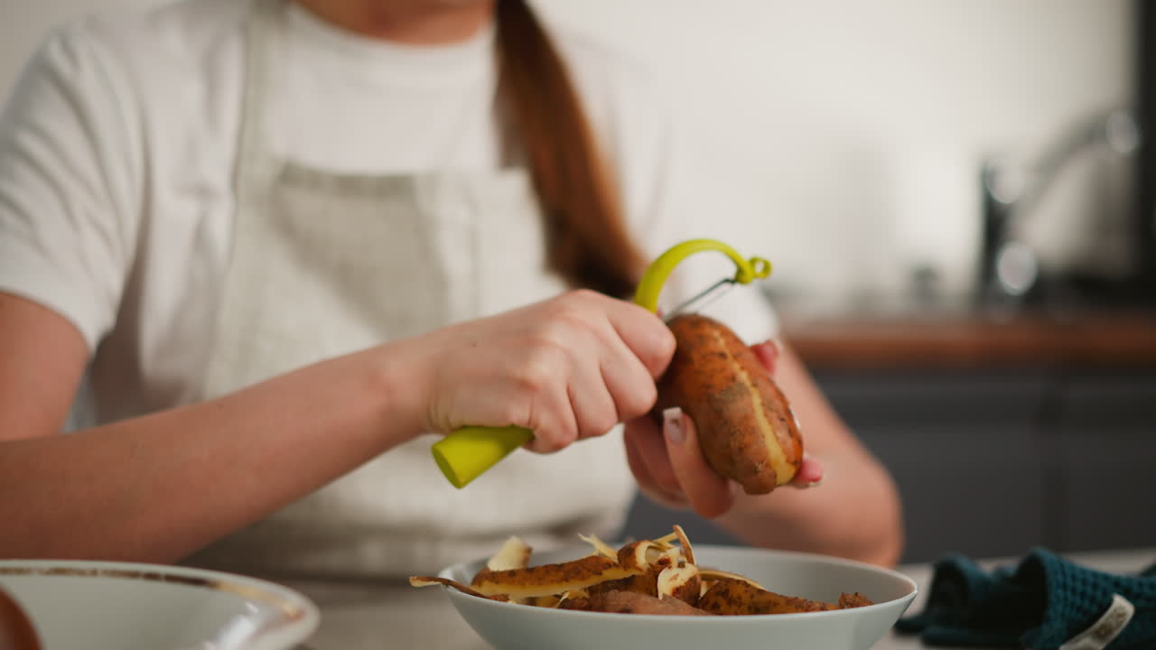 Fair skinned woman peeling skin off brown potato using yellow peeler over bowl filled with potato skins, sitting in modern kitchen with blurred faucet in background and dark blue kitchen towel nearby
