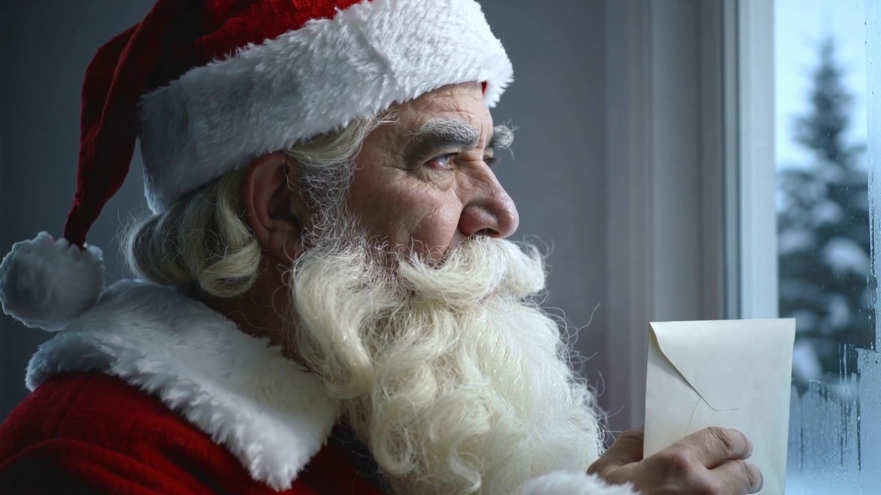 Tenendo una busta, un uomo vestito da Babbo Natale volge lo sguardo verso la finestra ghiacciata affacciata su un albero innevato, riflettendo sulla lettera