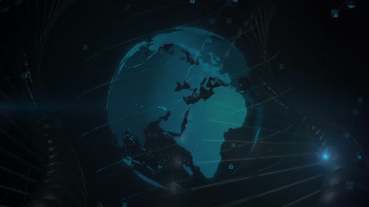 Digital globe with data icons, global network animation