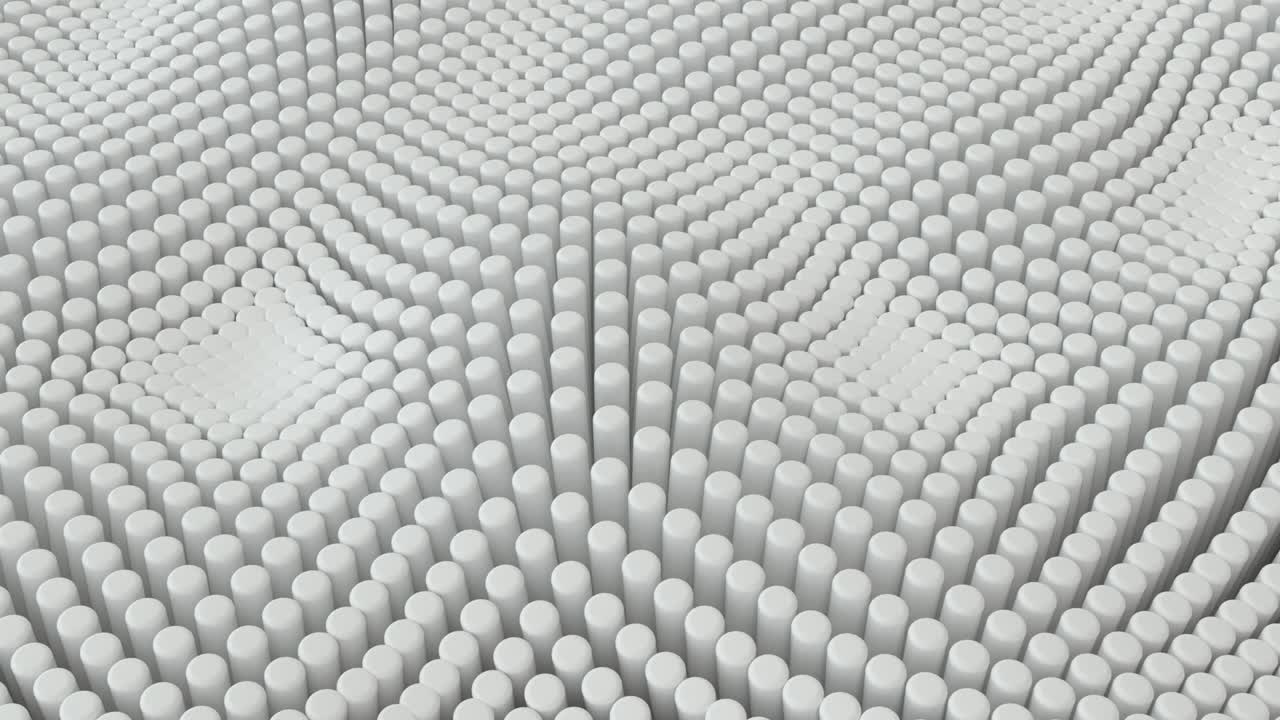 Abstract white gray background with cylinders. Ceramic round tiles. Geometry pattern. Random cells. Polygonal glossy surface. Futuristic abstraction. Seamless loop 3d animation of 4K