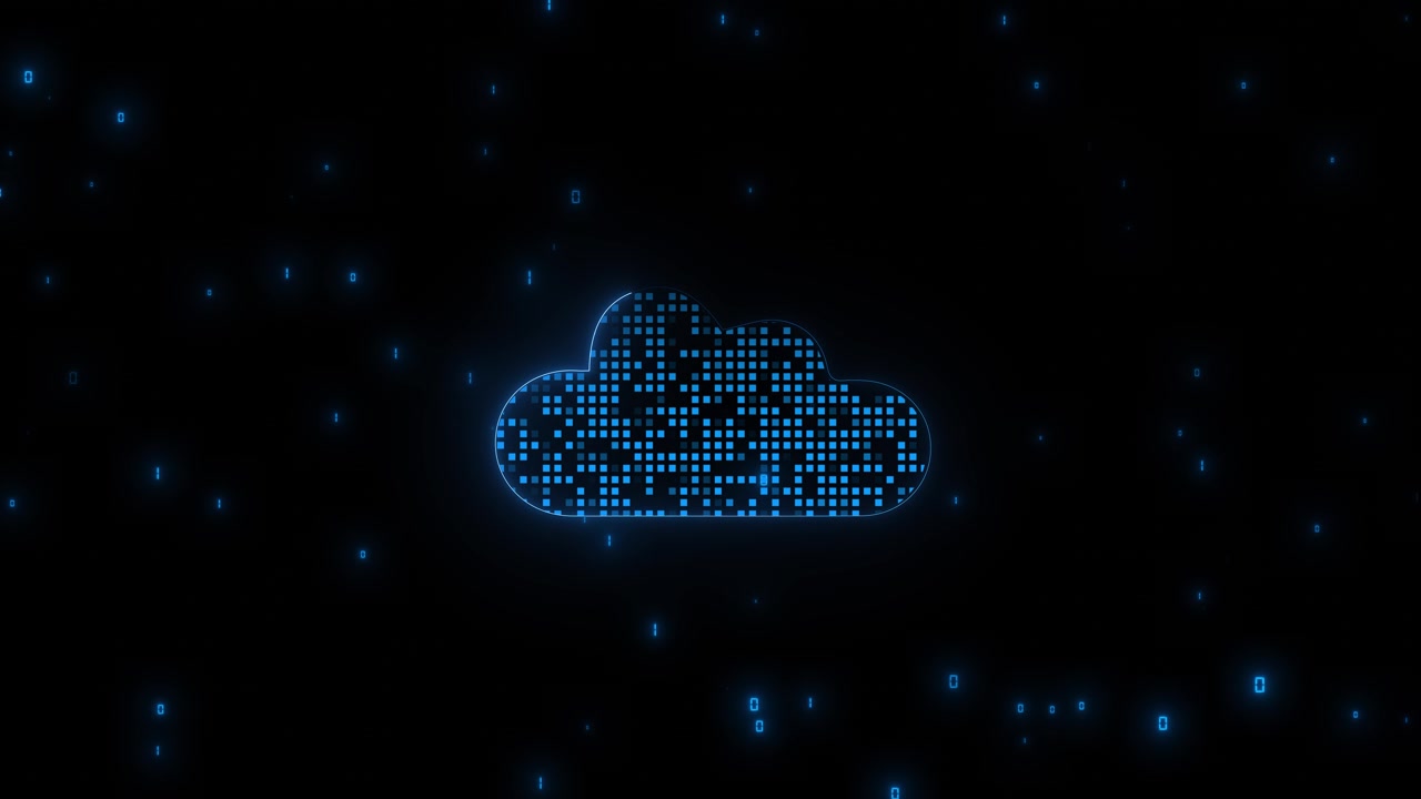 Digital cloud computing icon visual with blue pixel texture floating binary symbols dark space and