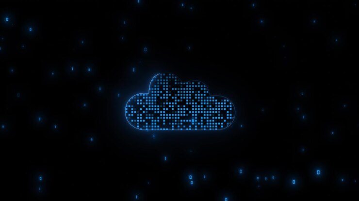 Digital cloud computing icon visual with blue pixel texture floating binary symbols dark space and