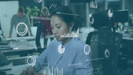 animation of financial data processing over asian businesswoman in office