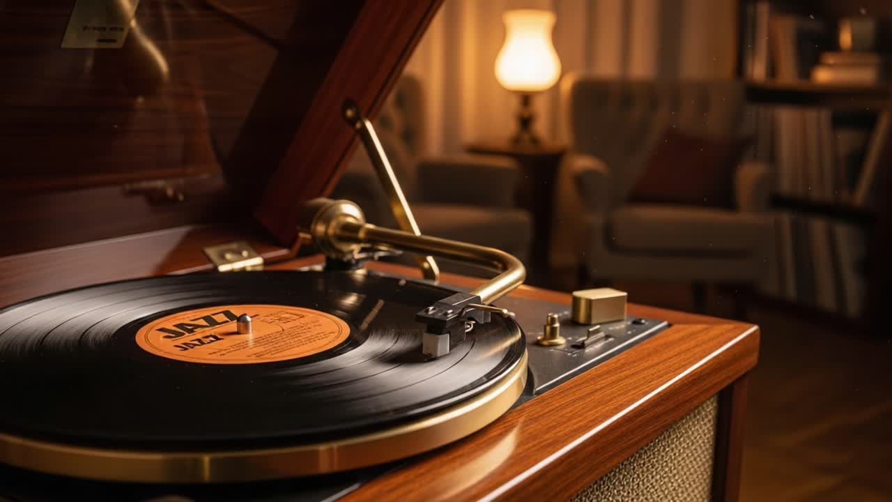 A Cozy Evening with a Vintage Record Player Featuring a Jazz Vinyl, Highlighting the Warm Atmosphere of a Living Room Setting with Soft Lighting