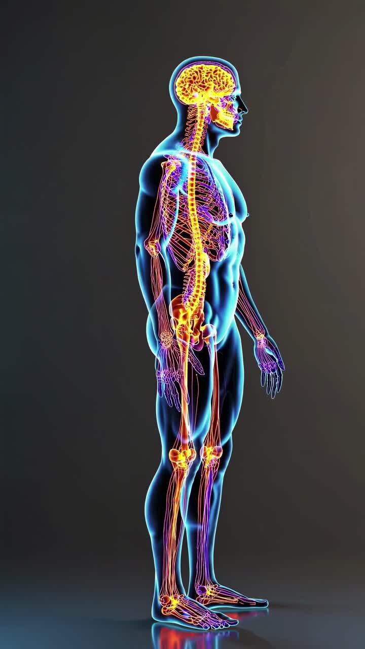 Side view of a human anatomy illustration with glowing nerves and brain, resembling a medical video
