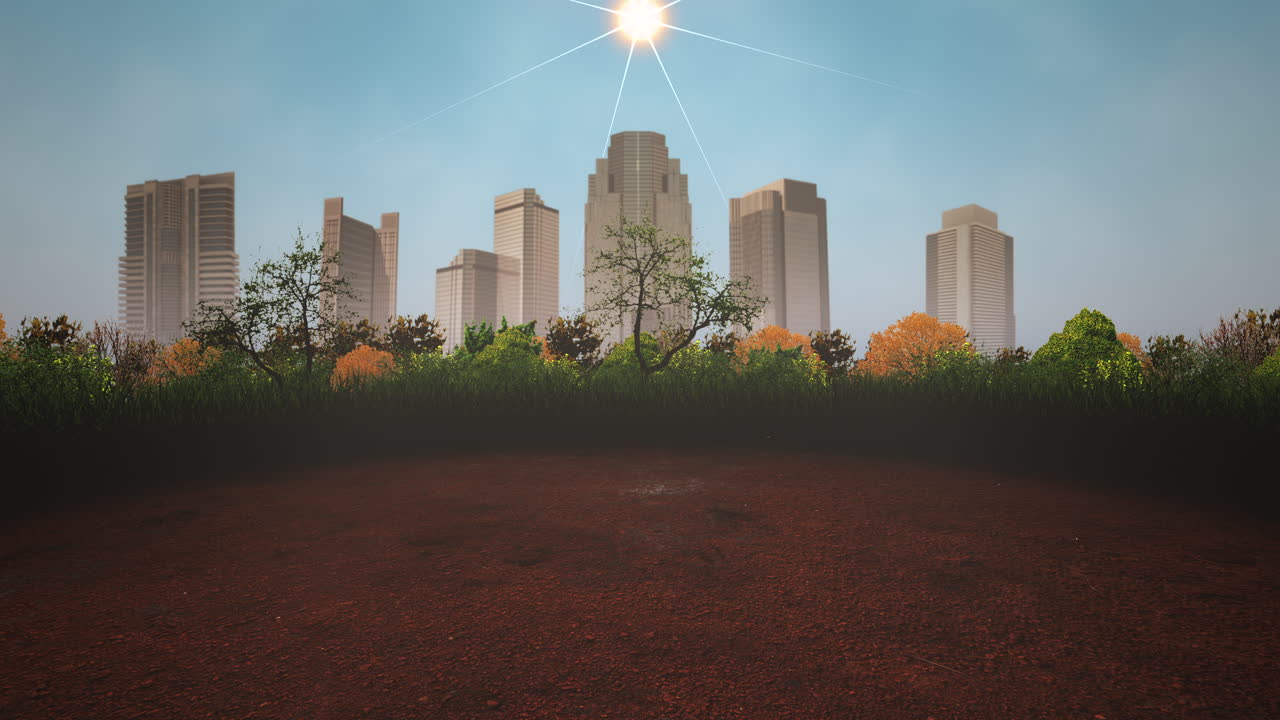 여름 1일에 많은 큰 건물과 공원이 있는 도시 풍경의 파노라마