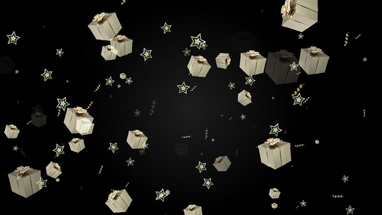 4K Abstract Loopable Flying Gold Colored Gift Box on Black Background