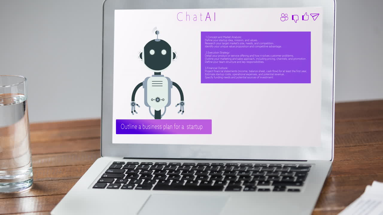 Animation of laptop screen with ai chatbot icon and data processing