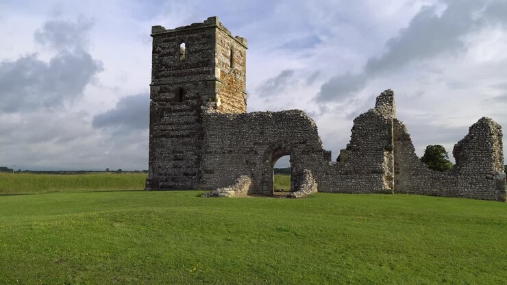 Chiesa di Knowlton, Dorset, Inghilterra. Panoramica lenta, luce del mattino.