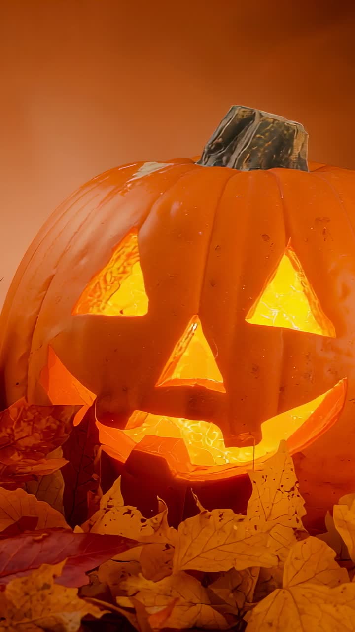 Vertical video: Camera zooming on carved jack o lantern on tabletop, showing flickering light