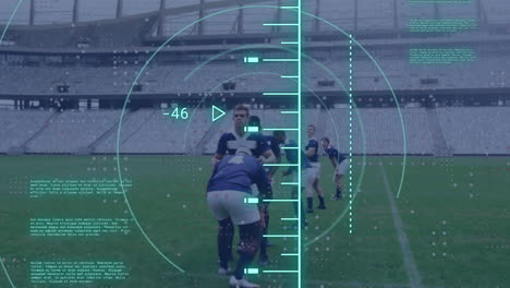 animación del procesamiento de datos y escaneo de alcance sobre diversos jugadores de rugby masculinos.