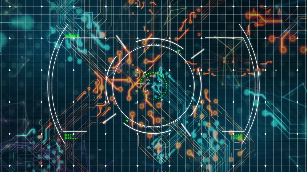 Glowing connections on digital circuit board with circular interface animation