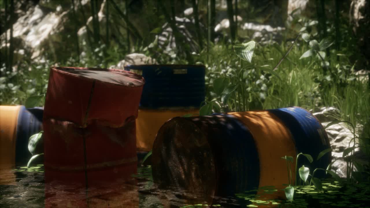 barriles oxidados en el bosque verde